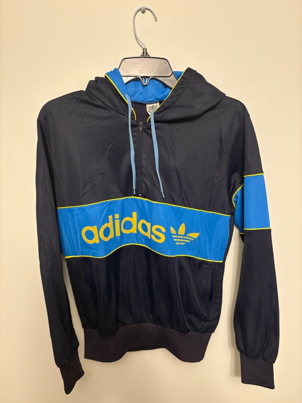 Vintage Adidas Windbreak Hoodie Jacket Womens 12 Navy Blue Yellow Pullover 1980s